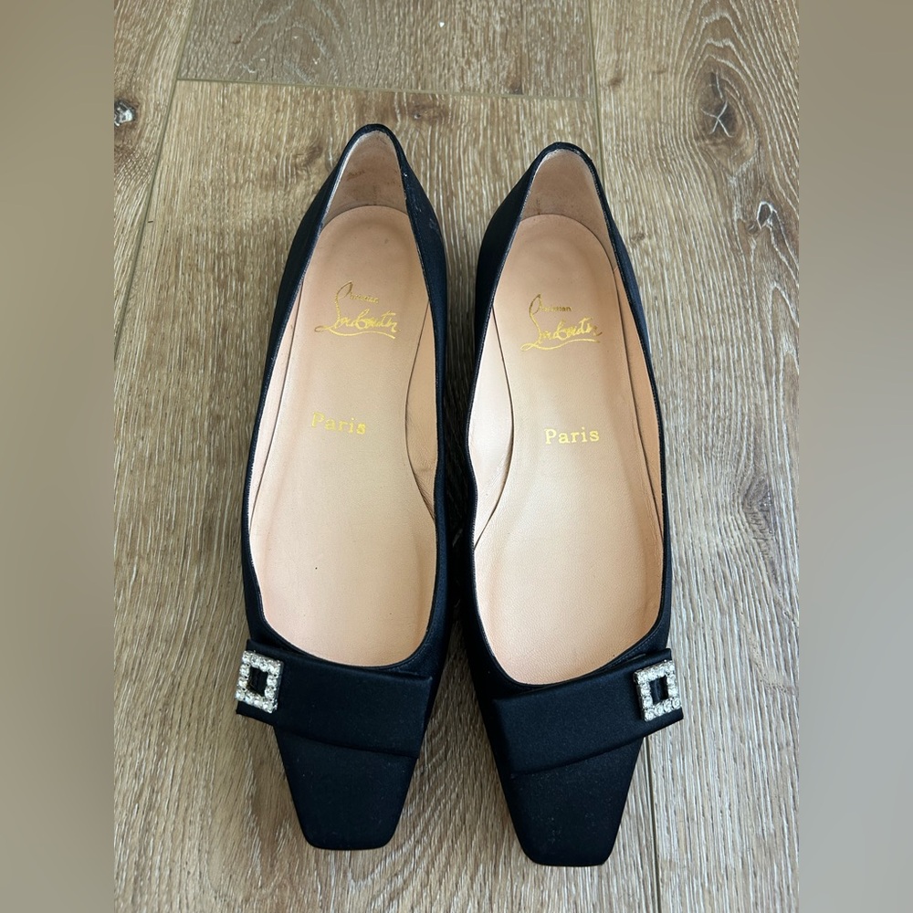 Christian Louboutin Black Satin Flat Ballet Shoes with Crystal Buckle